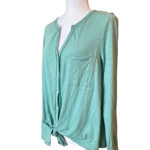 Caslon Women’s tie front long sleeve V-neck button down slub cotton top, Sz XS